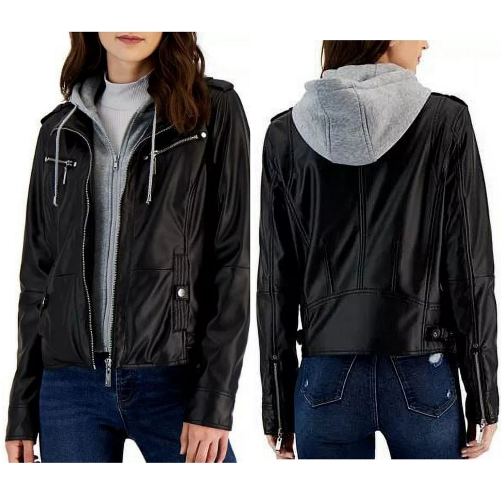 Jou Jou Black Vegan Leather Moto Jacket with Removable Hood Faux Fur Lined XS